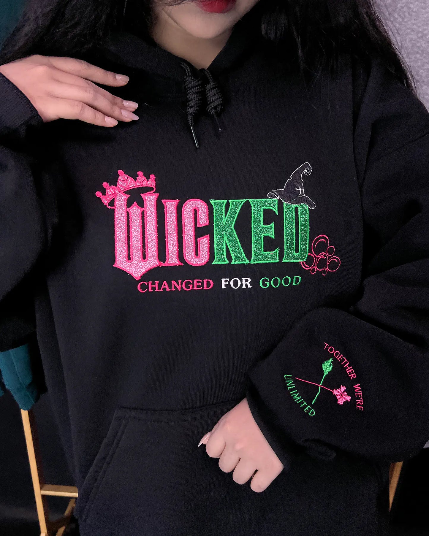 Wicked Changed For Good Embroidered Sweatshirt – Pink & Green Musical Hoodie, Elphaba and Glinda Halloween Gift