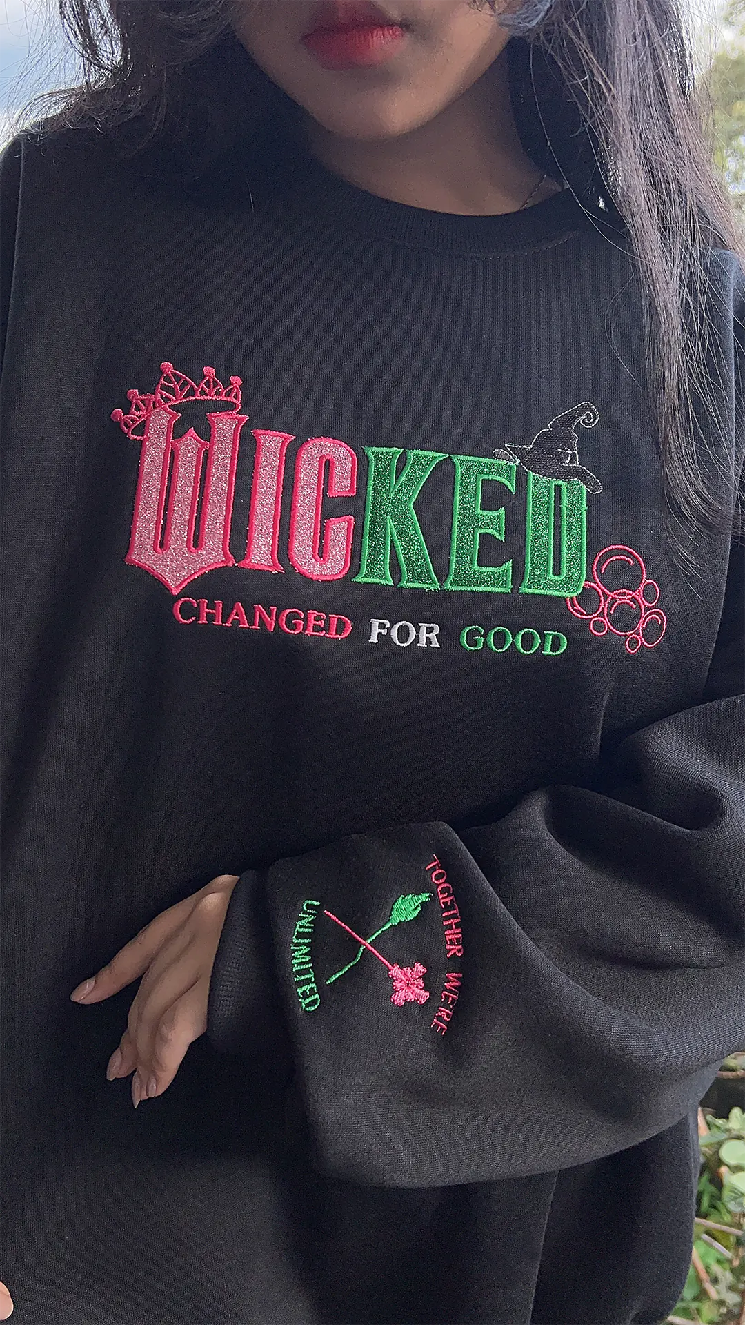 Wicked Changed For Good Embroidered Sweatshirt – Pink & Green Musical Hoodie, Elphaba and Glinda Halloween Gift