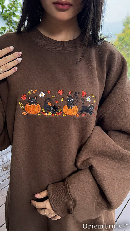 Spooky Season Black Cat Embroidered Sweatshirt – Cozy Fall Crewneck