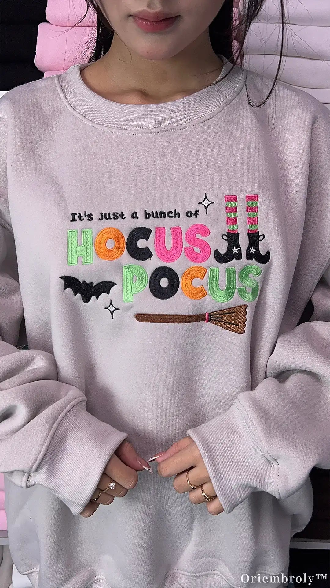 Bunch Of Hocus Pocus Witch Broom Embroidered Light Grey Sweatshirt