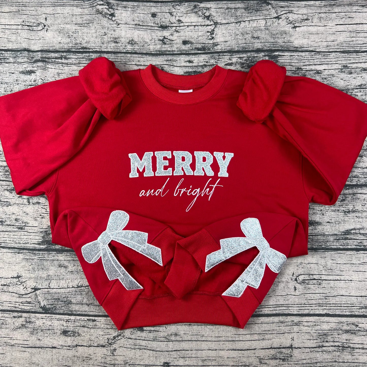Merry and Bright Glitter Bow Embroidered Sweatshirt