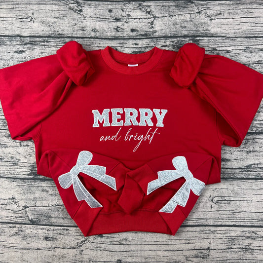 Merry and Bright Glitter Bow Embroidered Sweatshirt