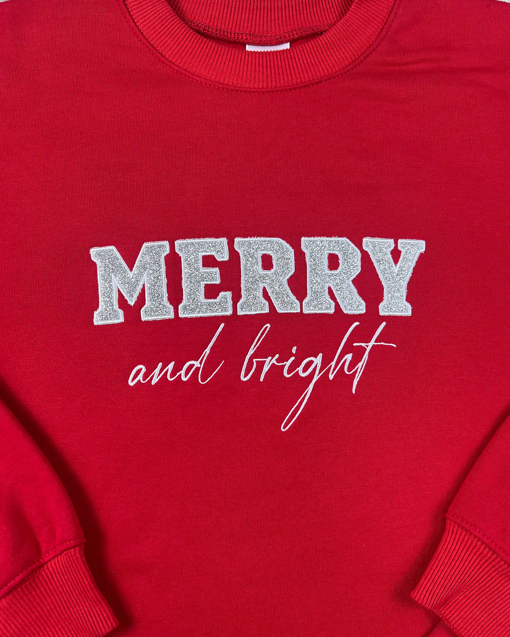 Merry and Bright Glitter Bow Embroidered Sweatshirt