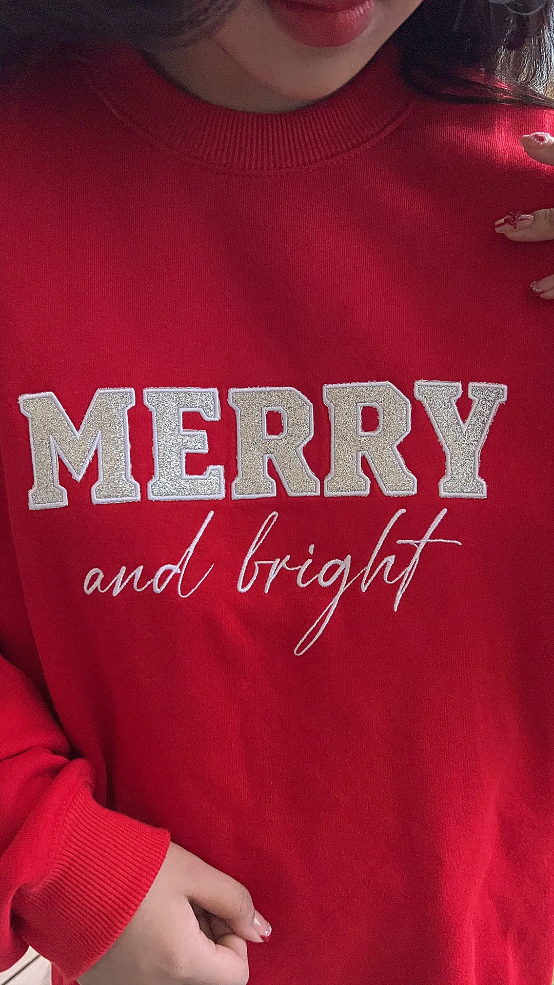 Merry and Bright Glitter Bow Embroidered Sweatshirt