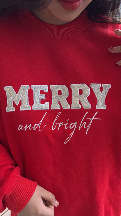 Merry and Bright Glitter Bow Embroidered Sweatshirt