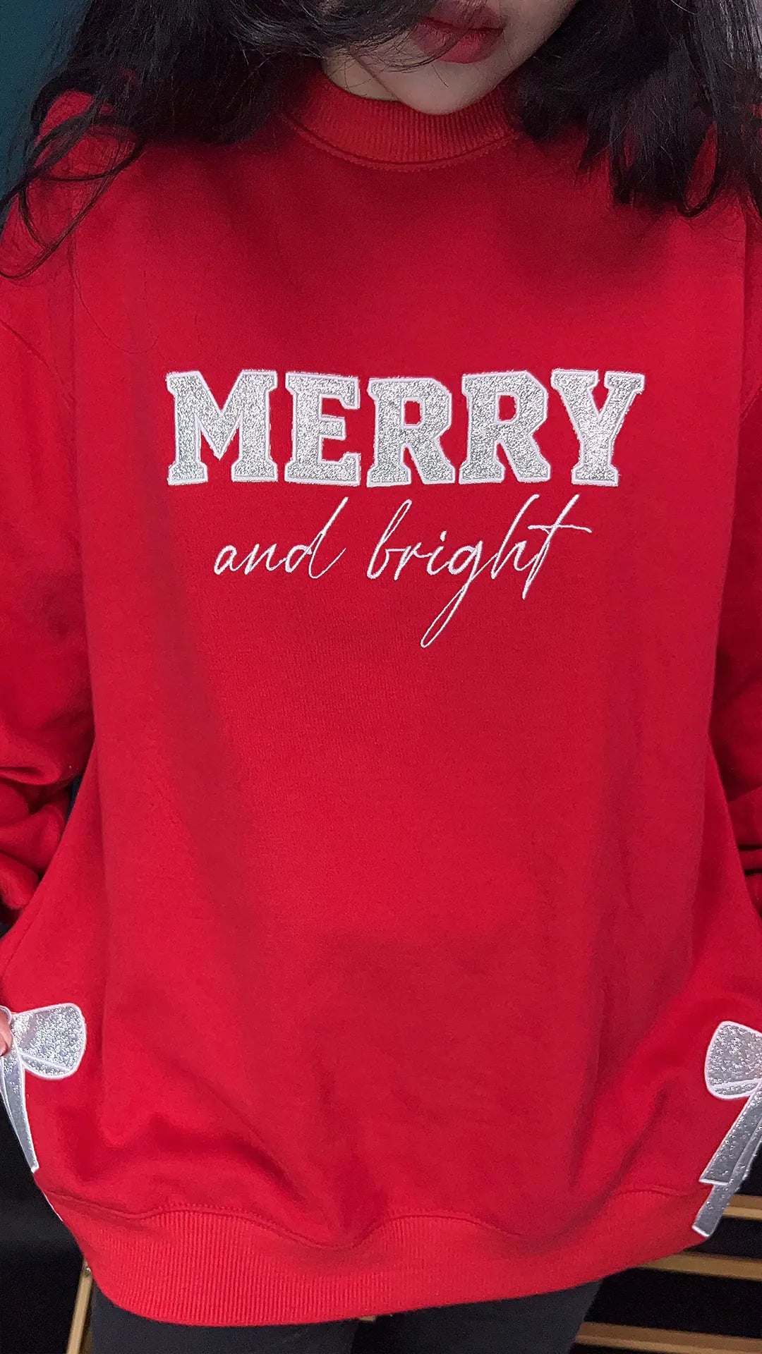 Merry and Bright Glitter Bow Embroidered Sweatshirt