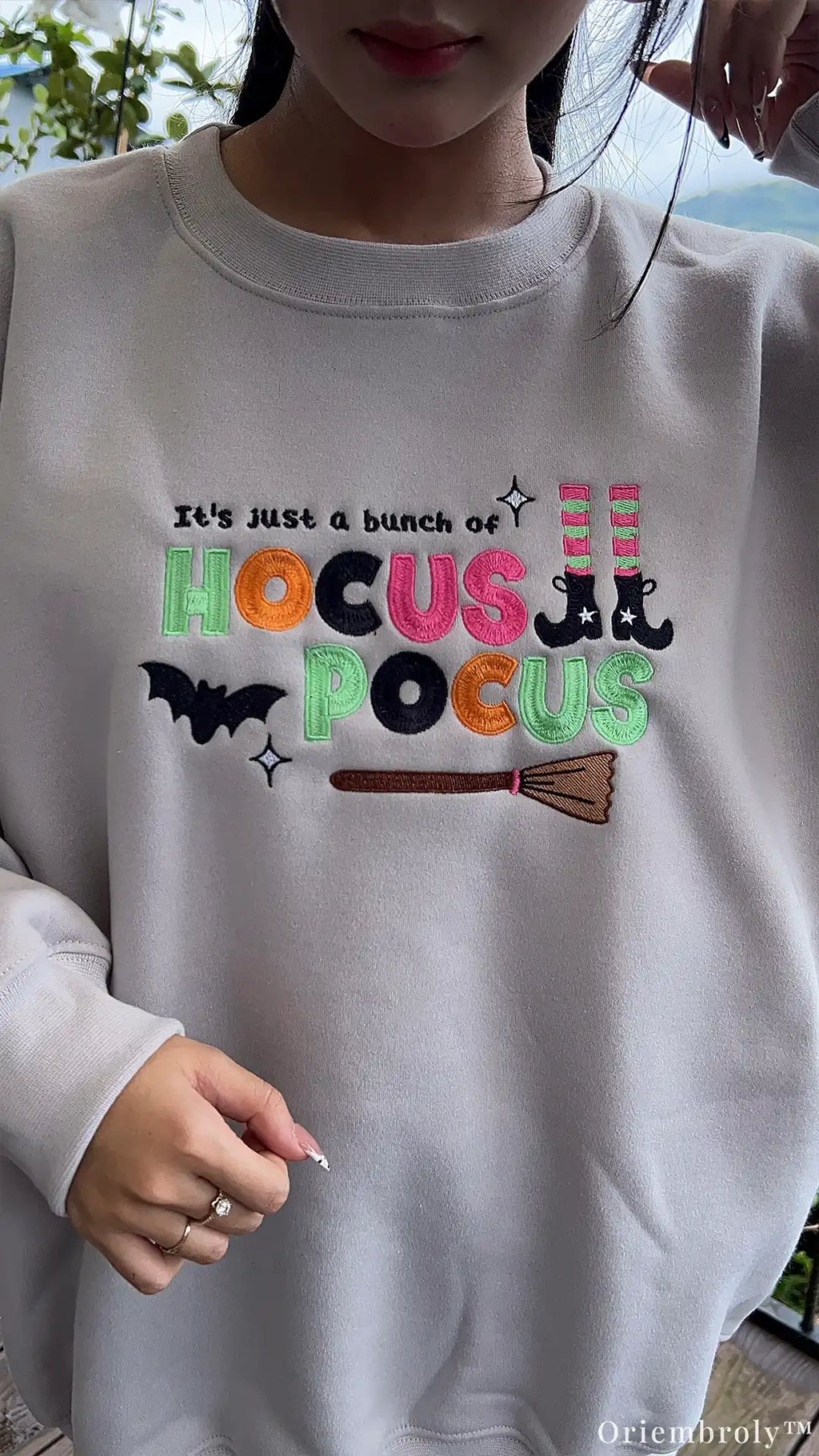 Bunch Of Hocus Pocus Witch Broom Embroidered Light Grey Sweatshirt