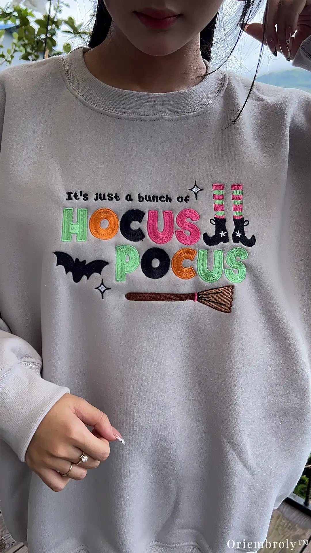Bunch Of Hocus Pocus Witch Broom Embroidered Light Grey Sweatshirt