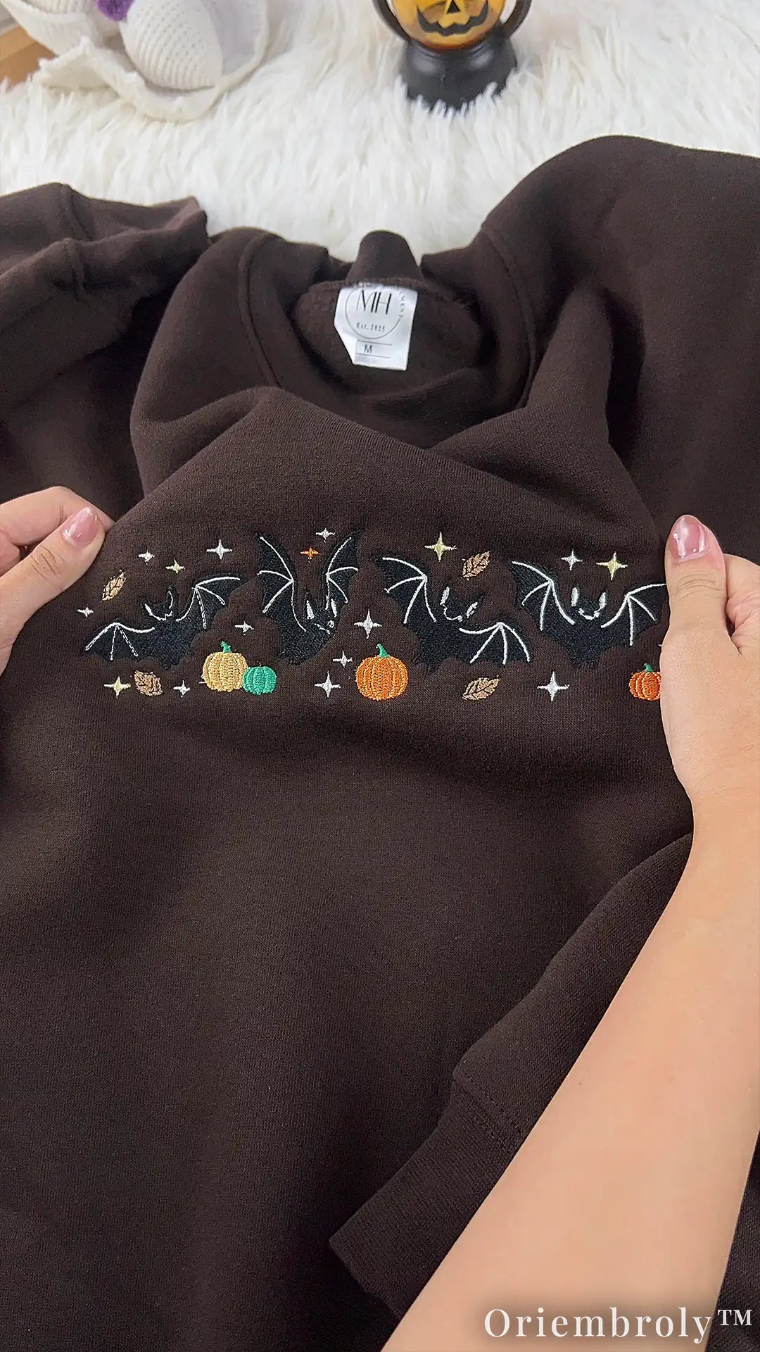 Woodland Halloween Embroidered Sweatshirt – Vintage Bat & Pumpkin Crewneck
