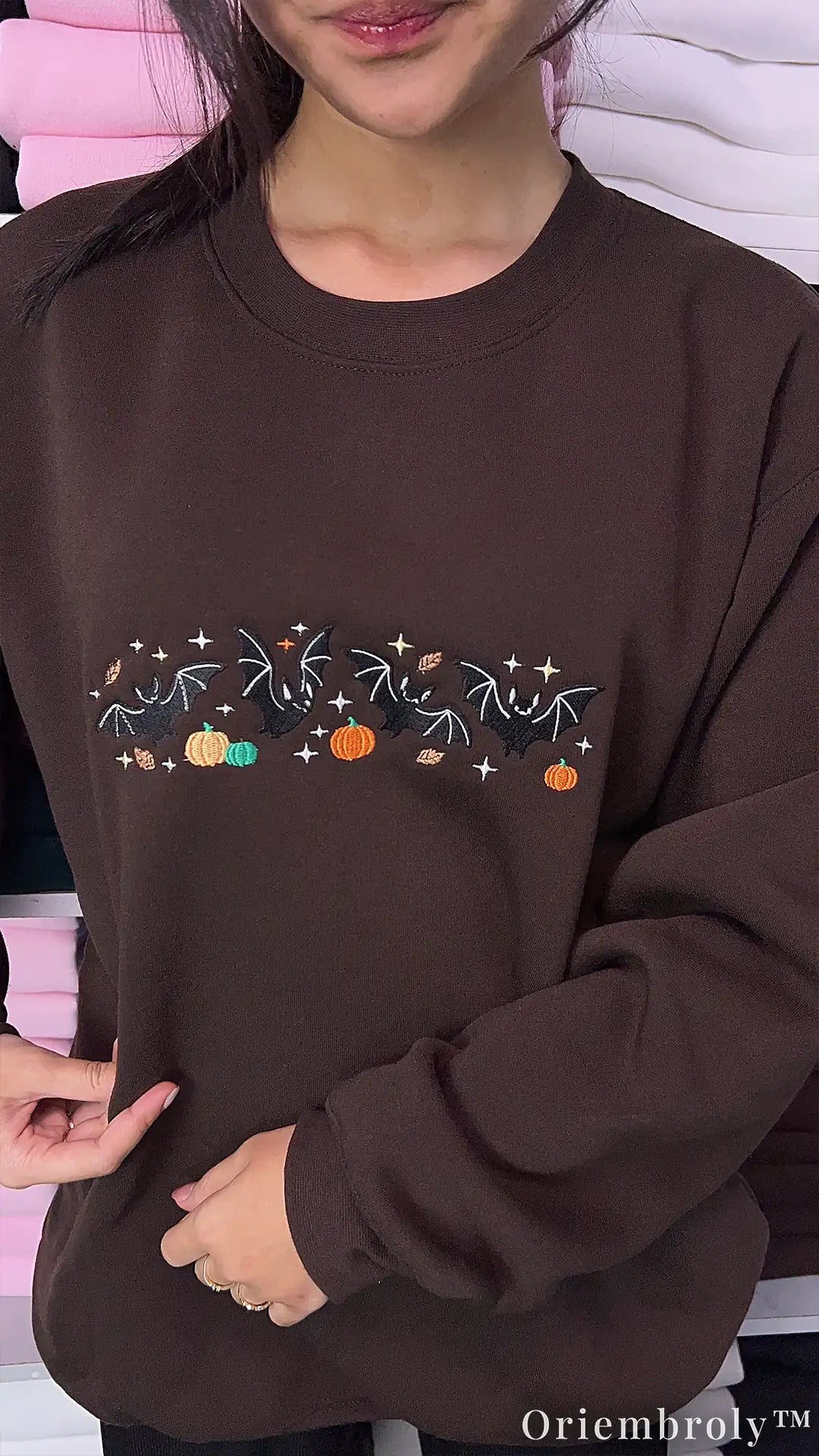 Woodland Halloween Embroidered Sweatshirt – Vintage Bat & Pumpkin Crewneck