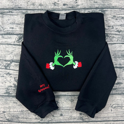 Merry Grinchmas Heart Hands Embroidered Sweatshirt