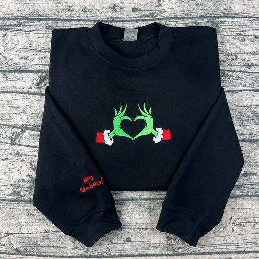 Merry Grinchmas Heart Hands Embroidered Sweatshirt