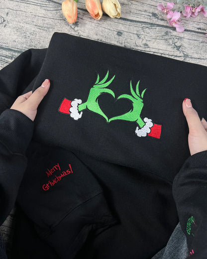 Merry Grinchmas Heart Hands Embroidered Sweatshirt
