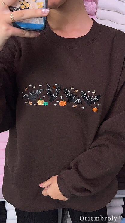 Woodland Halloween Embroidered Sweatshirt – Vintage Bat & Pumpkin Crewneck
