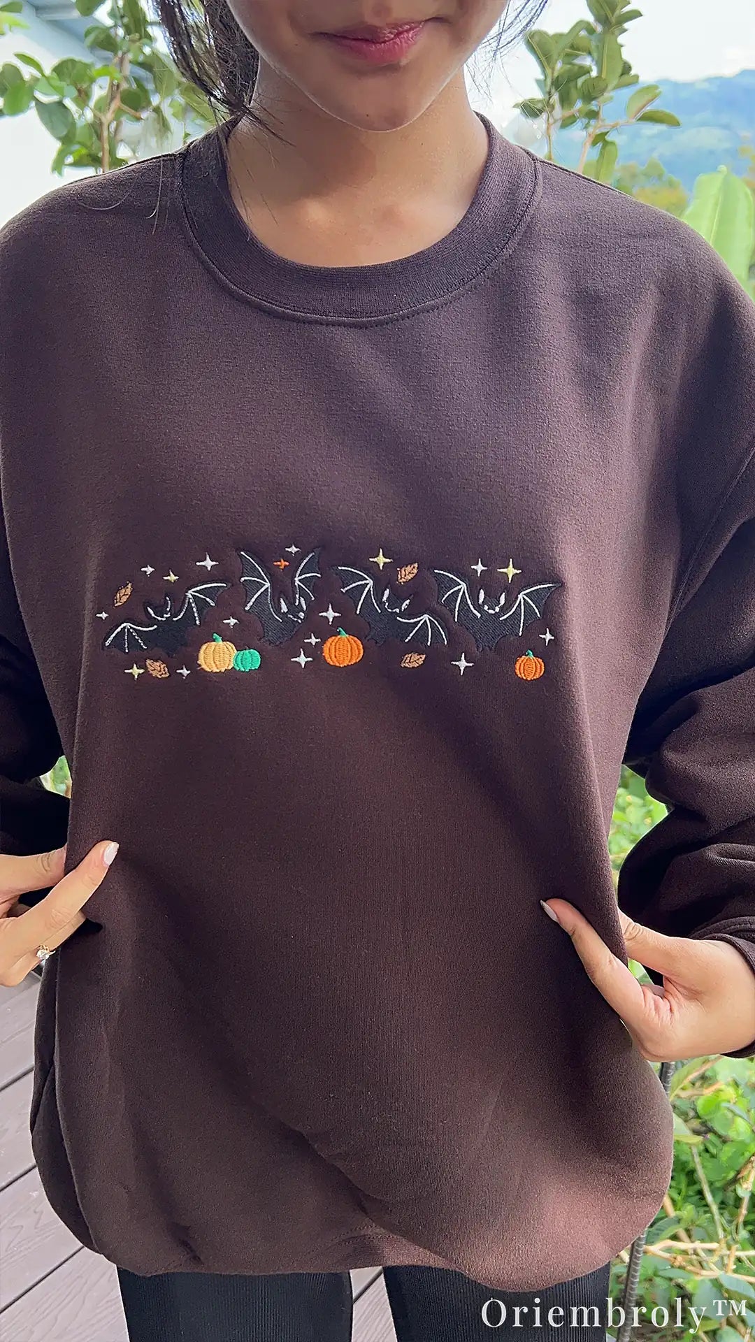 Woodland Halloween Embroidered Sweatshirt – Vintage Bat & Pumpkin Crewneck