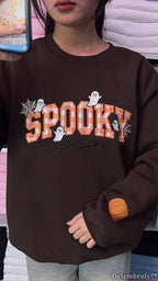Plaid Spooky Embroidered Sweatshirt – Applique Halloween Crewneck, Cozy Chocolate Brown Fall Pullover