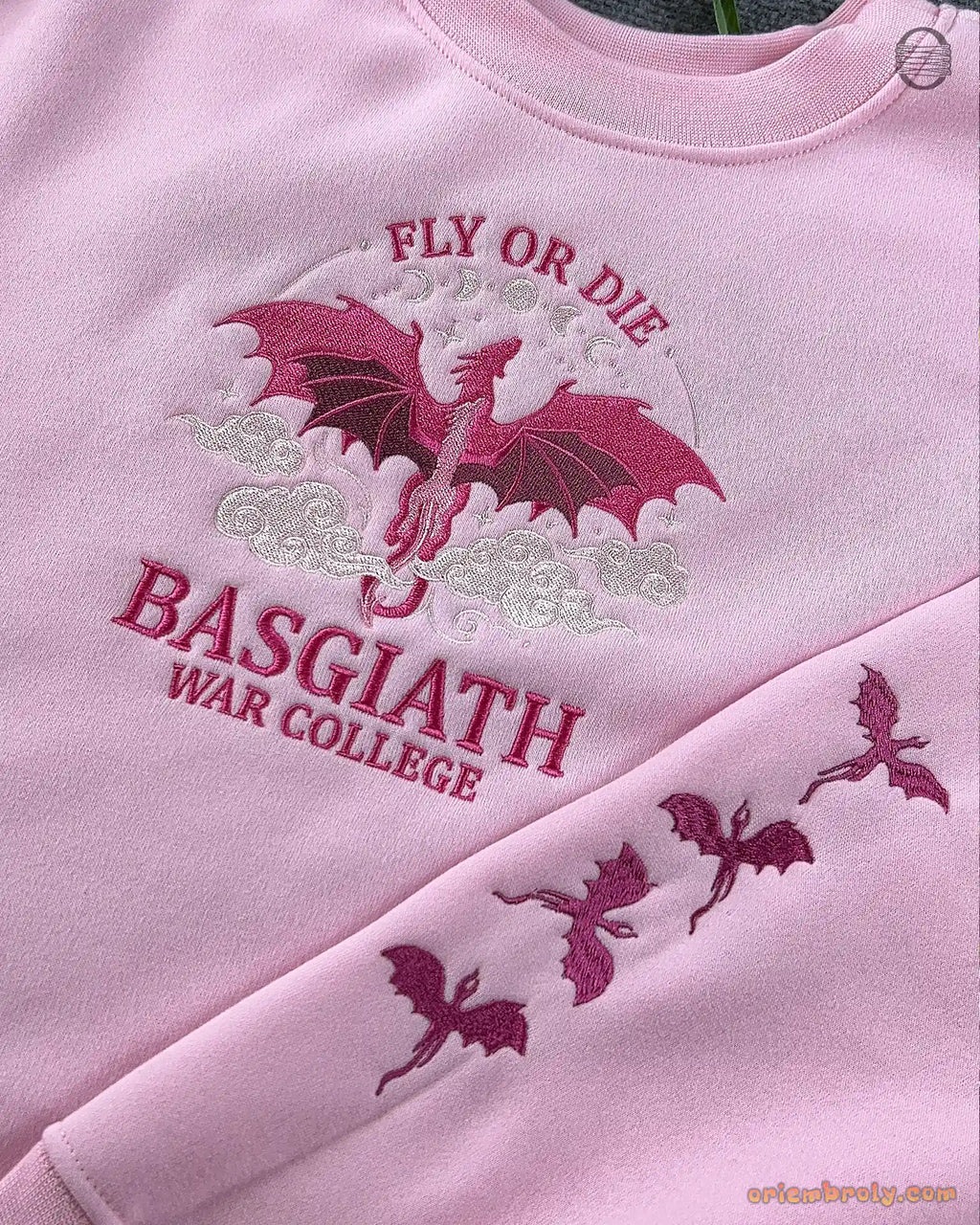 Fly Or Die Dragon Basgiath War College Embroidered Soft Pink Sweatshirt