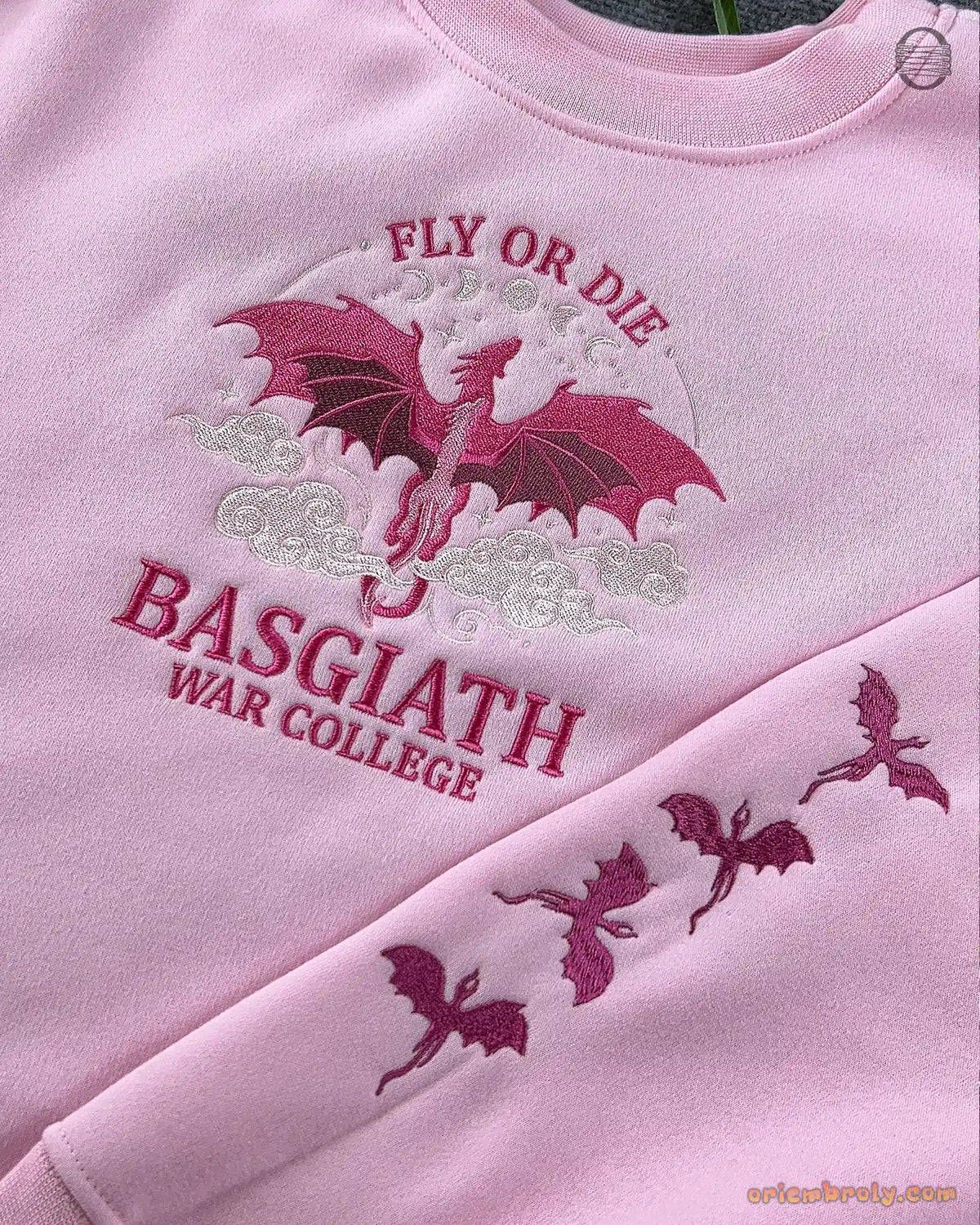 Fly Or Die Dragon Basgiath War College Embroidered Soft Pink Sweatshirt