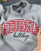 Georgia Bulldogs Game Day Gingham Embroidered Heather Grey Mock Neck Sweatshirt