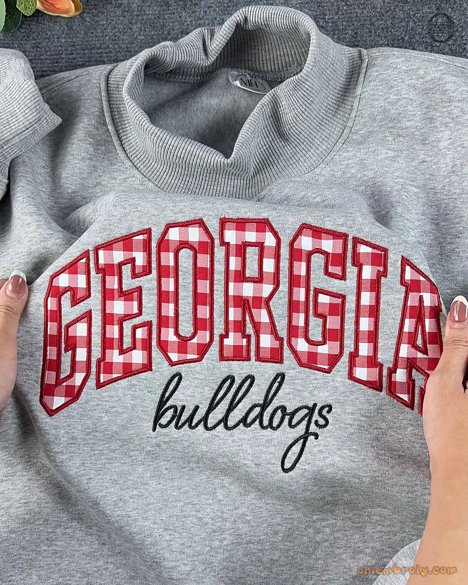 Georgia Bulldogs Game Day Gingham Embroidered Heather Grey Mock Neck Sweatshirt