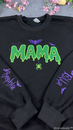 Spooky Dripping Mama Lime Green Glitter Embroidered Black Crewneck Sweatshirt