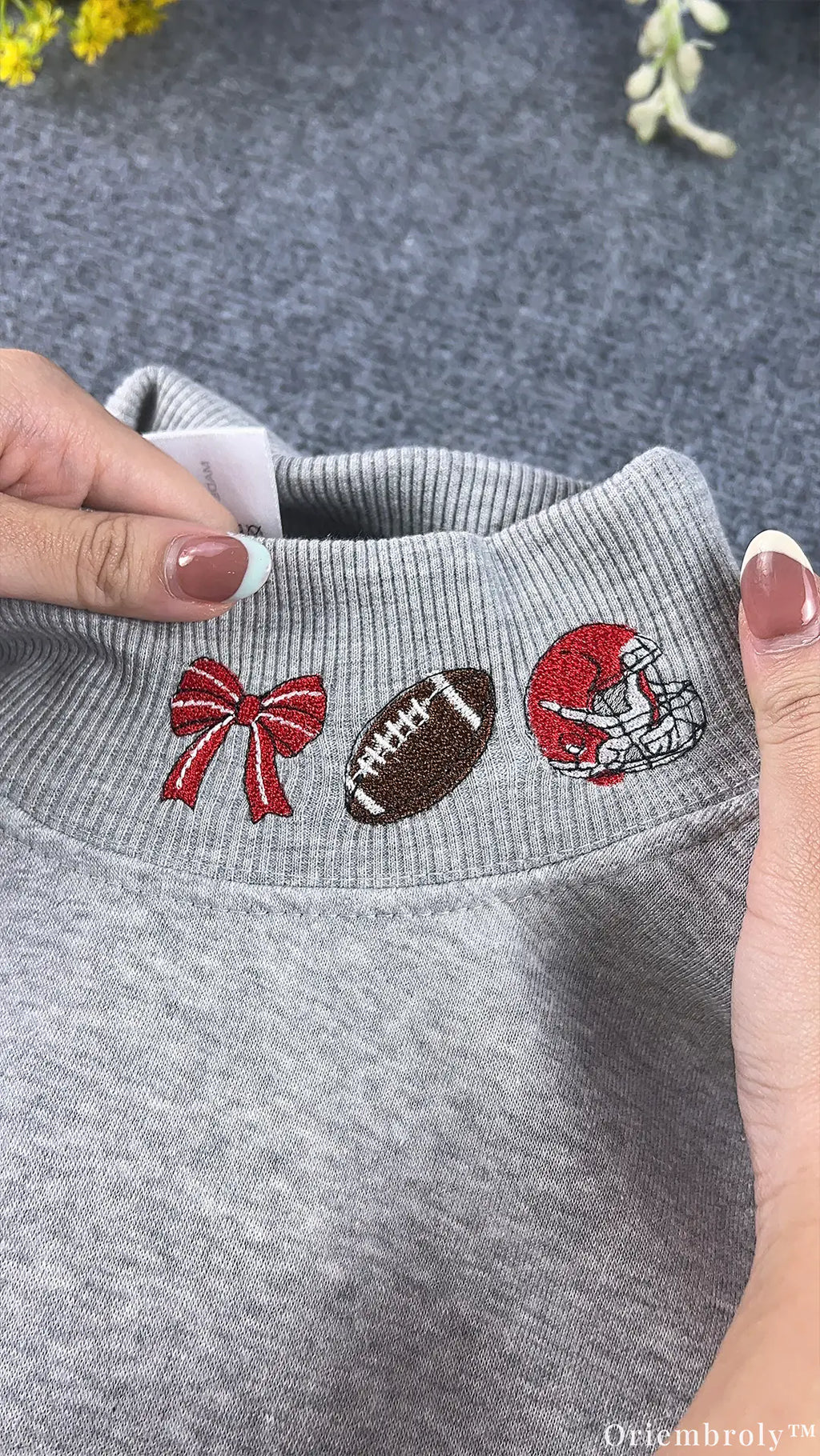 Custom Gingham Plaid Applique Football Embroidered Light Grey Mock Neck Sweatshirt