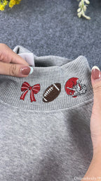 Custom Gingham Plaid Applique Football Embroidered Light Grey Mock Neck Sweatshirt