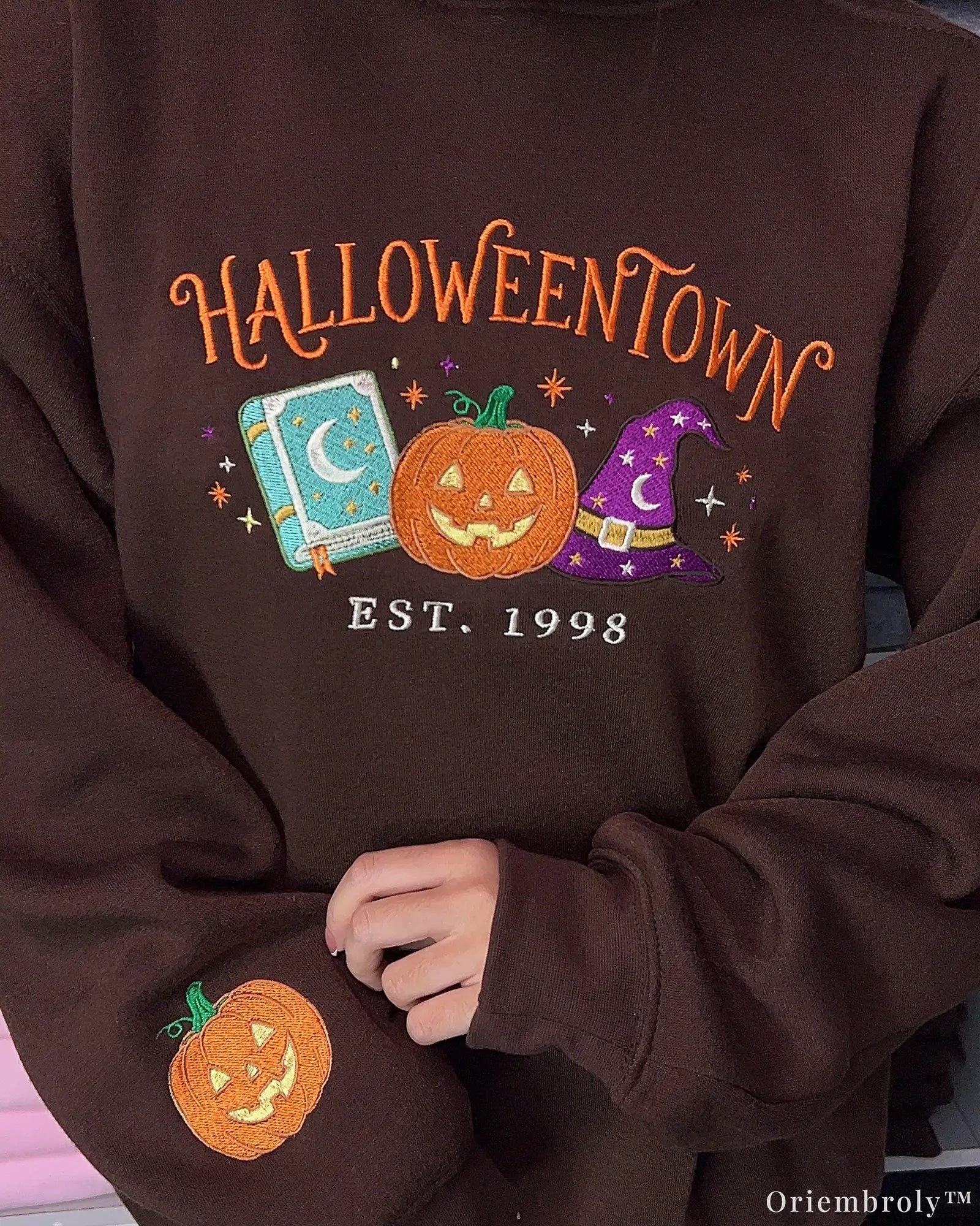 Spooky Town Est. 1998 Embroidered Crewneck Sweatshirt, Magical Halloween Pumpkin Design