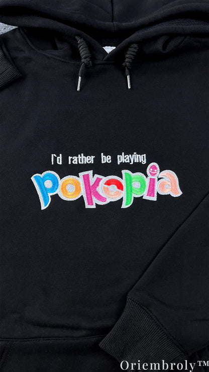 I’d Rather Be Playing Pokopia Embroidered Hoodie – Retro Gamer Y2K Streetwear Pullover