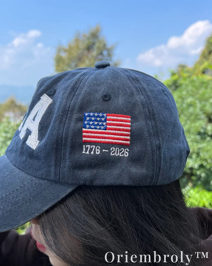USA Embroidered Vintage Washed Dad Hat – Side Flag 1776–2026 Patriotic Statement Cap
