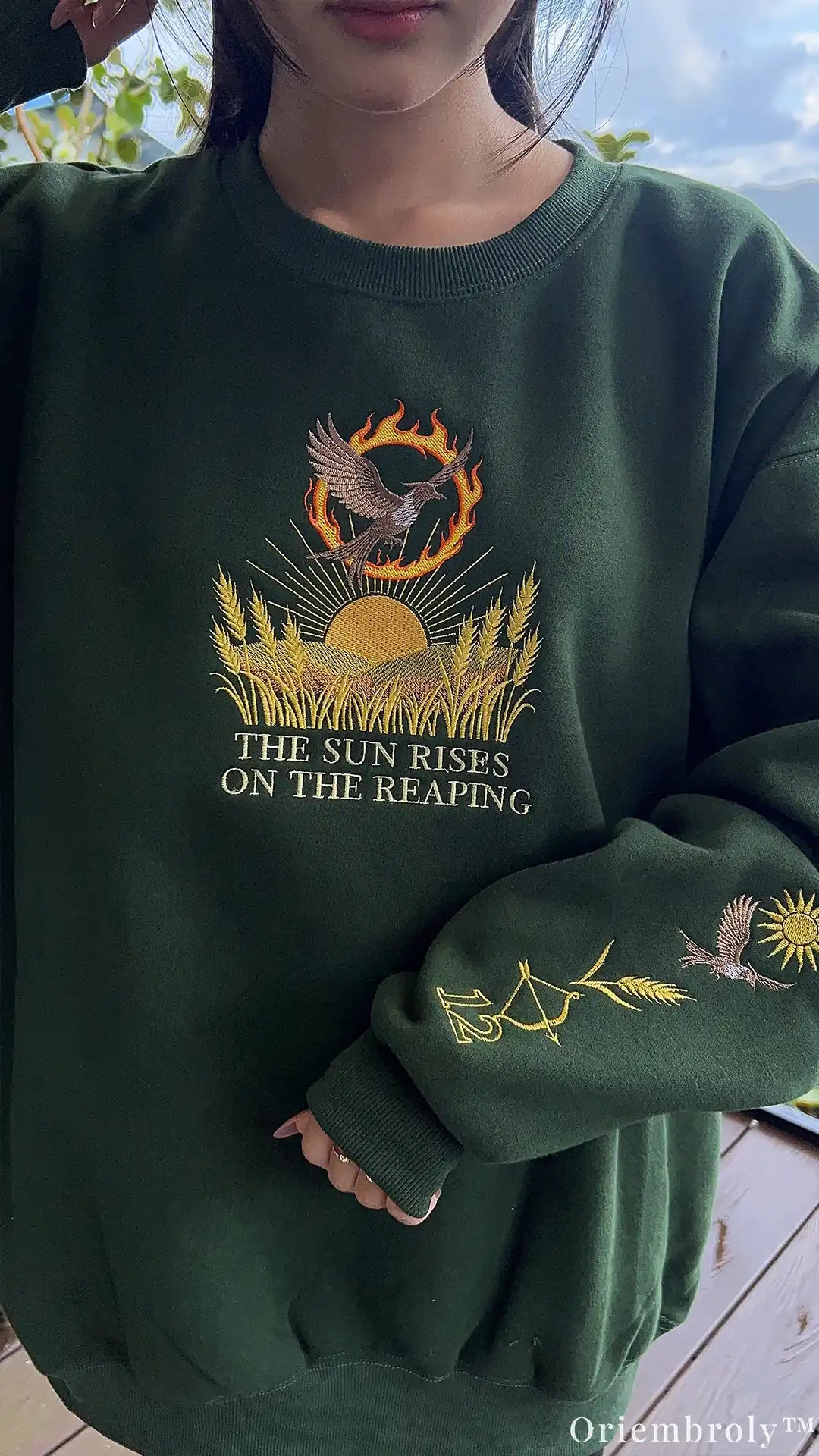 Fiery Bird Sunrise Reaping Crest Embroidered Crewneck Sweatshirt