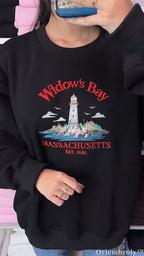 Widow's Bay Massachusetts Coastal Lighthouse Embroidered Black Sweatshirt