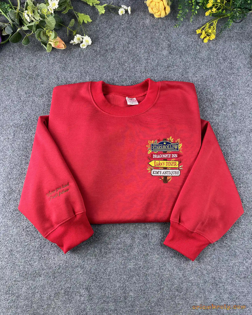 Stars Hollow Directional Signpost Embroidered Red and Black Crewneck Sweatshirt