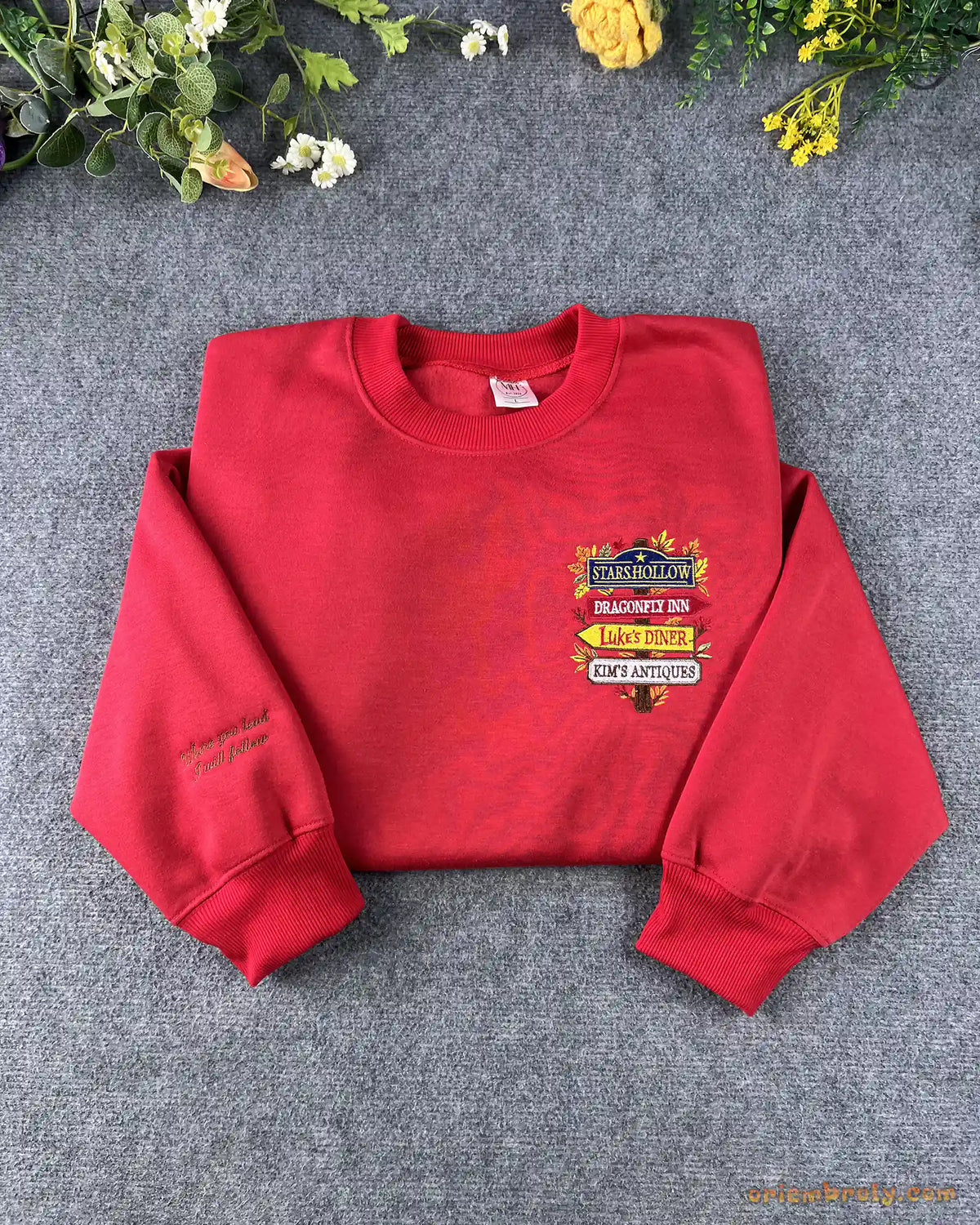 Stars Hollow Directional Signpost Embroidered Red and Black Crewneck Sweatshirt