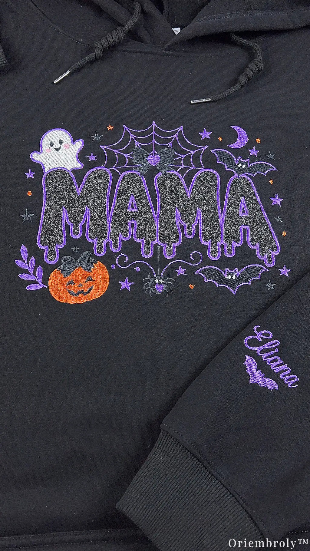 Spooky Dripping Mama Ghost Pumpkin Embroidered Black Pullover Hoodie