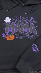 Spooky Dripping Mama Ghost Pumpkin Embroidered Black Pullover Hoodie