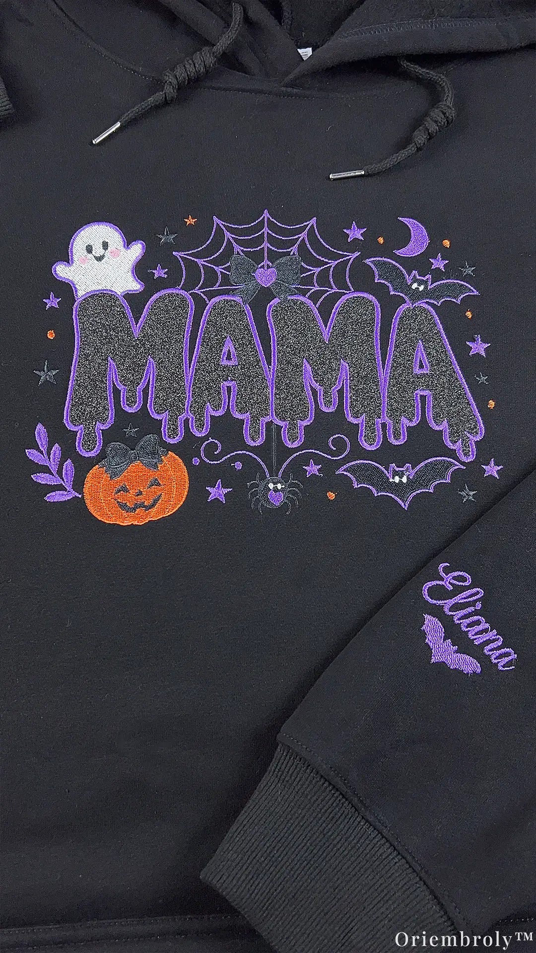 Spooky Dripping Mama Ghost Pumpkin Embroidered Black Pullover Hoodie