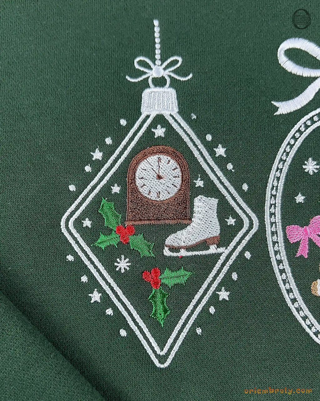 Merry Bright Christmas Baubles Ornaments Embroidered Forest Green Crewneck Sweatshirt