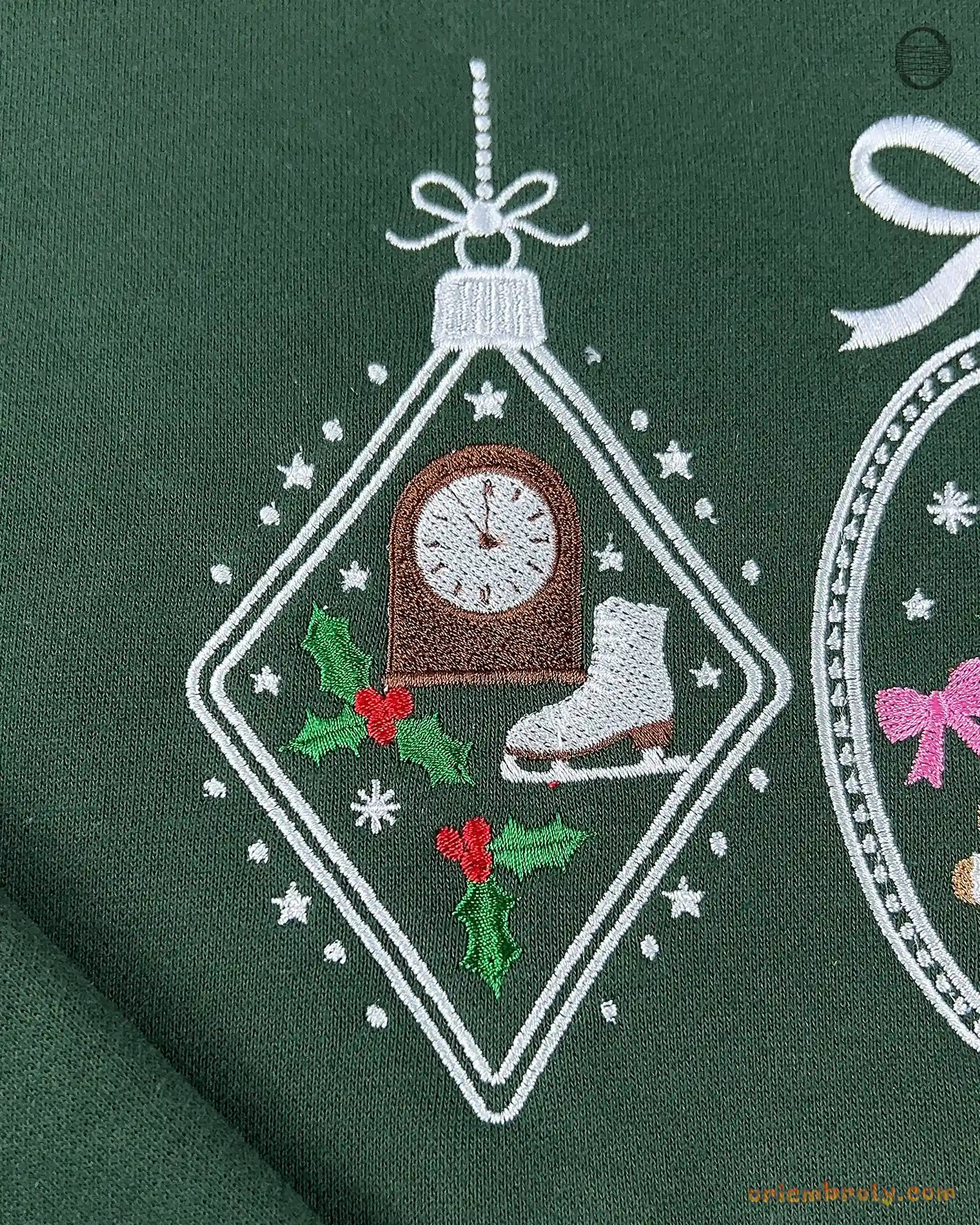 Merry Bright Christmas Baubles Ornaments Embroidered Forest Green Crewneck Sweatshirt