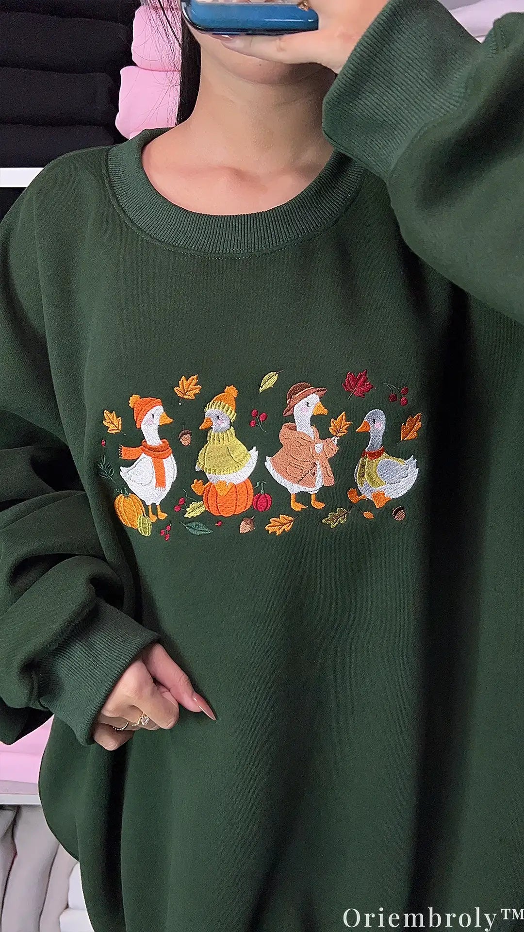 Autumn Ducklings Pumpkin Patch Embroidered Crewneck Sweatshirt