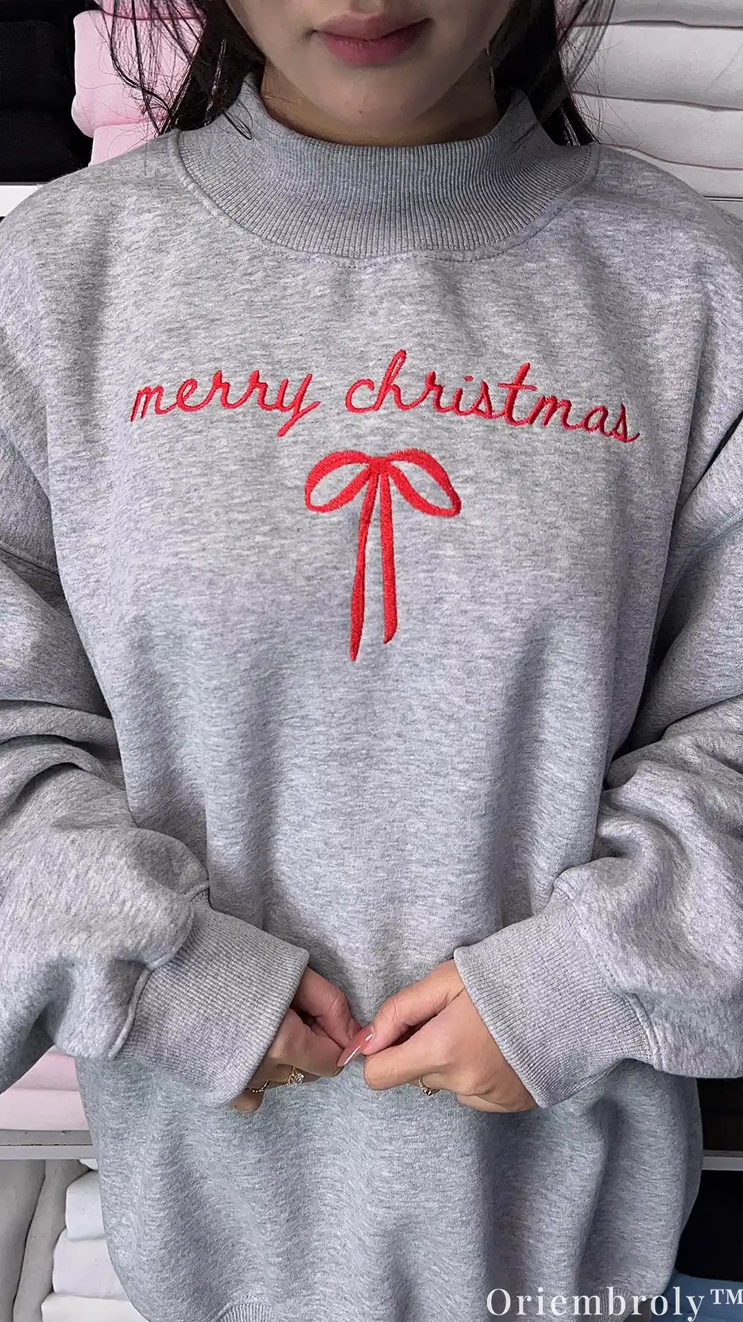 Merry Christmas Script Ribbon Bow Embroidered Mock-Neck Sweatshirt