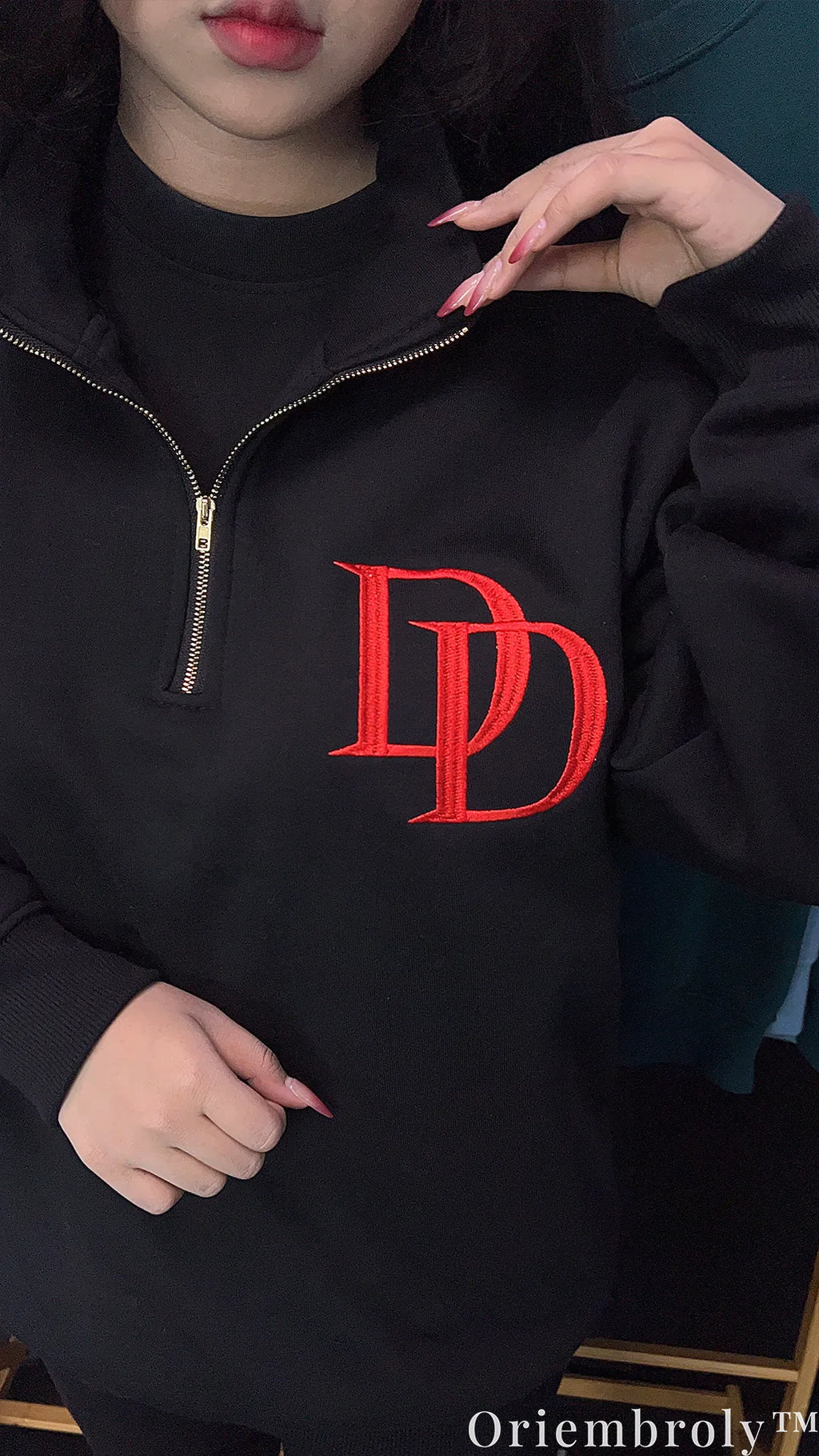 Daredevil DD Logo Embroidered Quarter Zip Pullover – Black Minimalist Marvel Sweatshirt