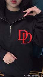 Daredevil DD Logo Embroidered Quarter Zip Pullover – Black Minimalist Marvel Sweatshirt