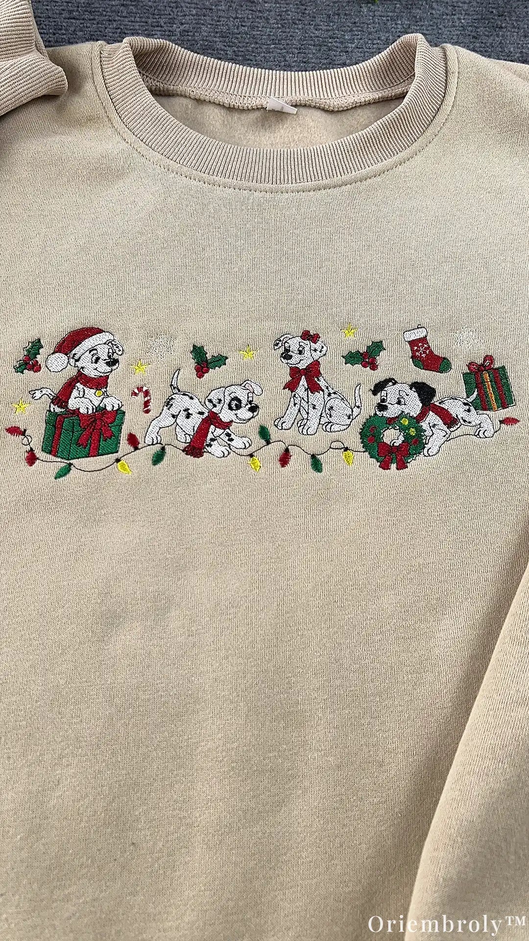 Festive Dalmatian Puppies Santa Hats Christmas Embroidered Crewneck Sweatshirt