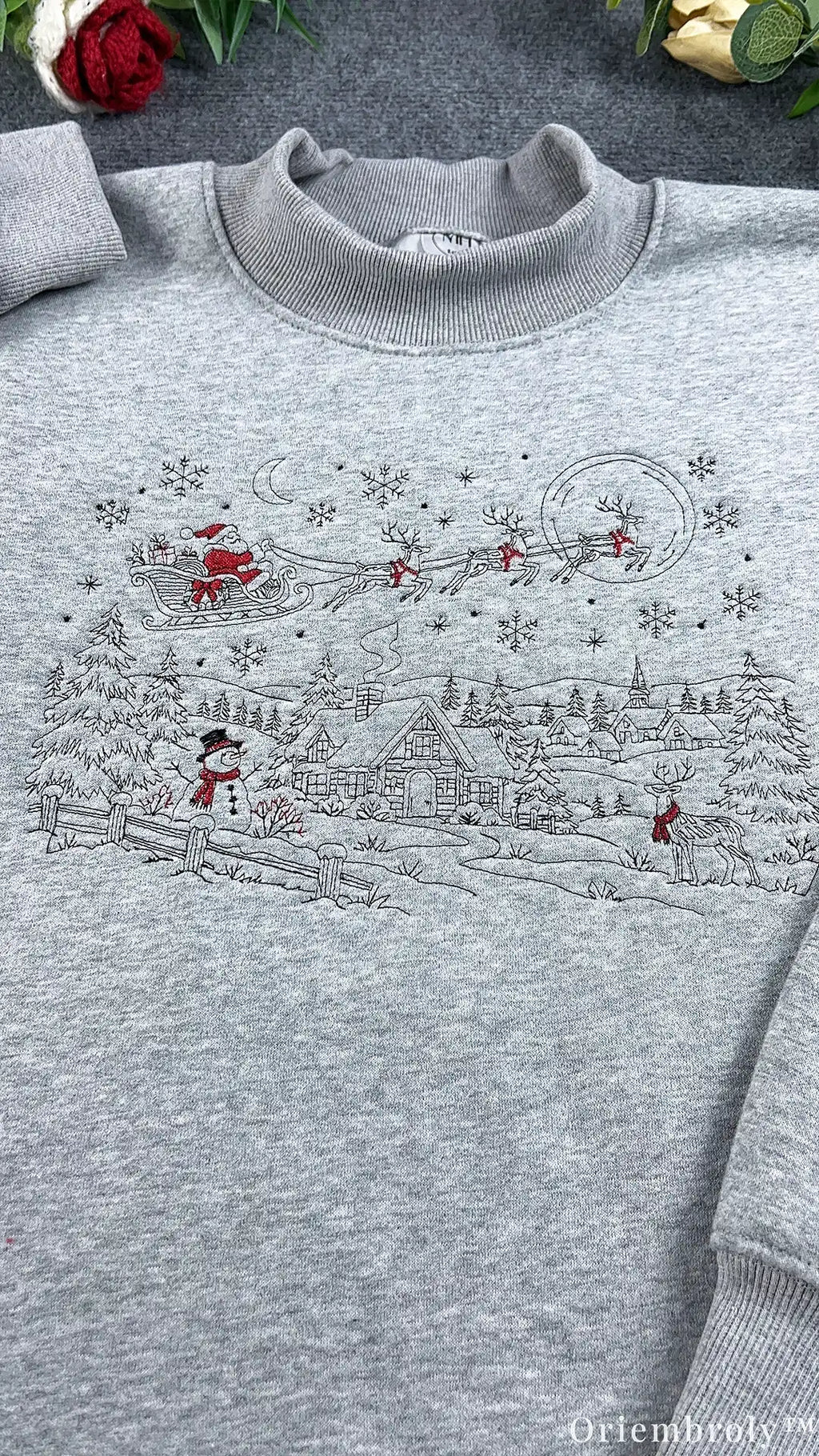 Vintage Christmas Winter Village Santa Sleigh Embroidered Mock-Neck Sweatshirt