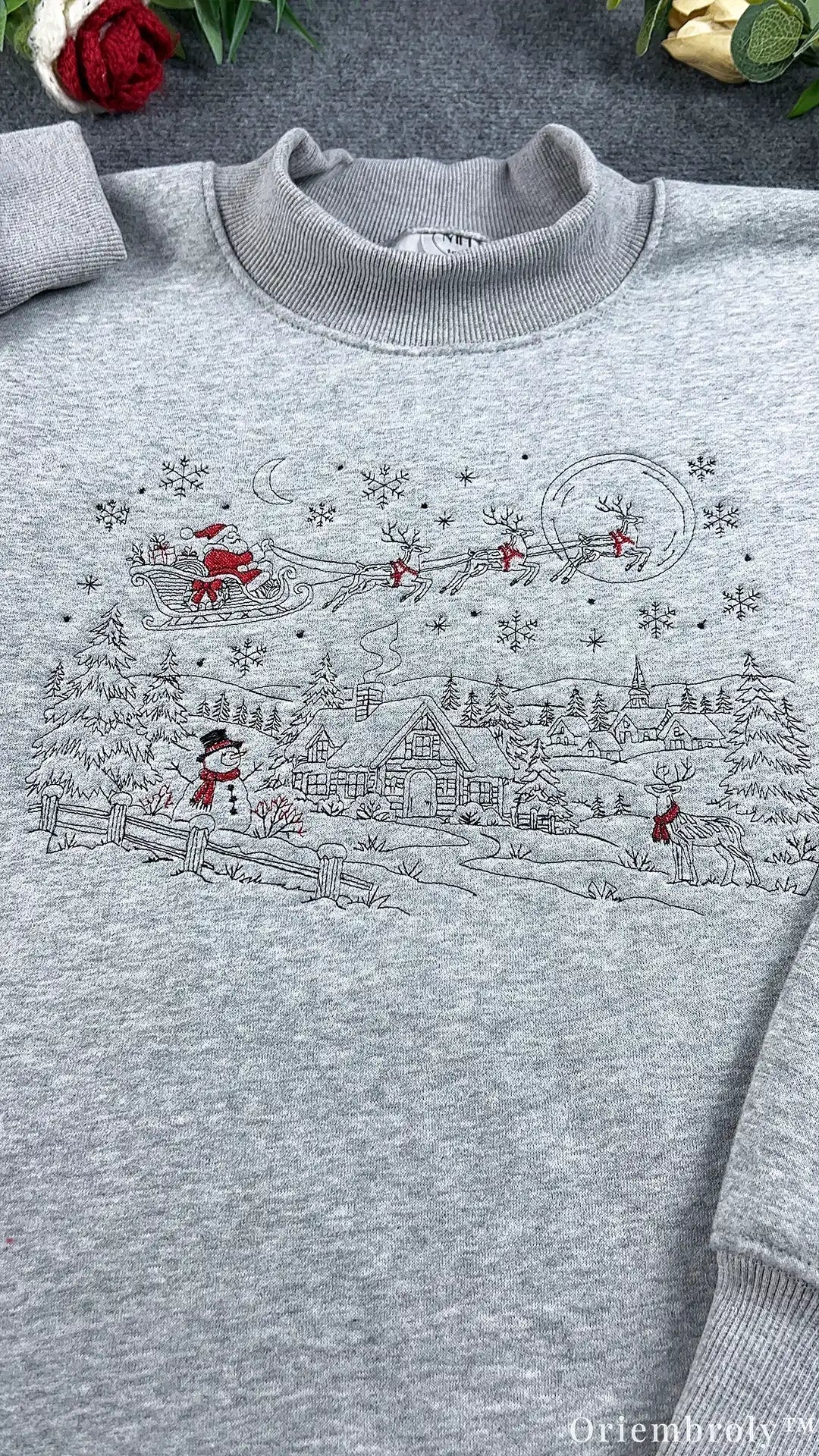 Vintage Christmas Winter Village Santa Sleigh Embroidered Mock-Neck Sweatshirt