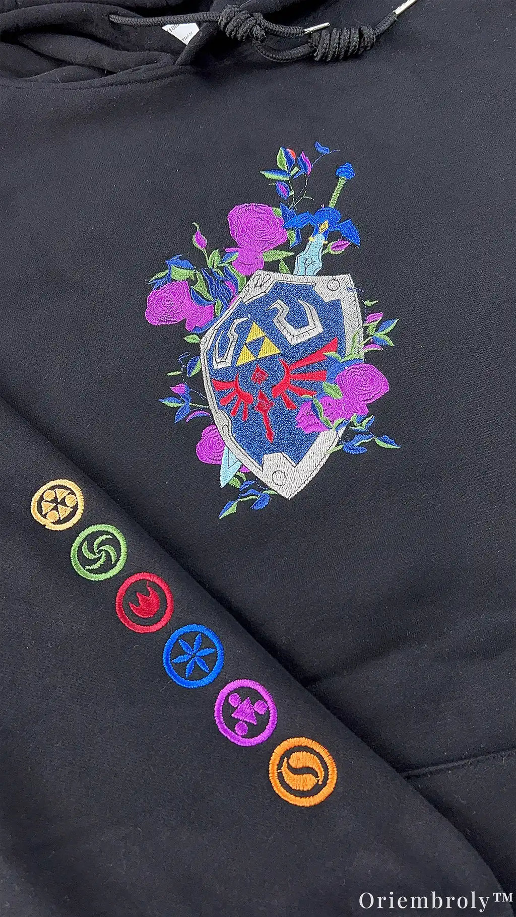 Fantasy Crest Floral Sword Embroidered Pullover Hoodie
