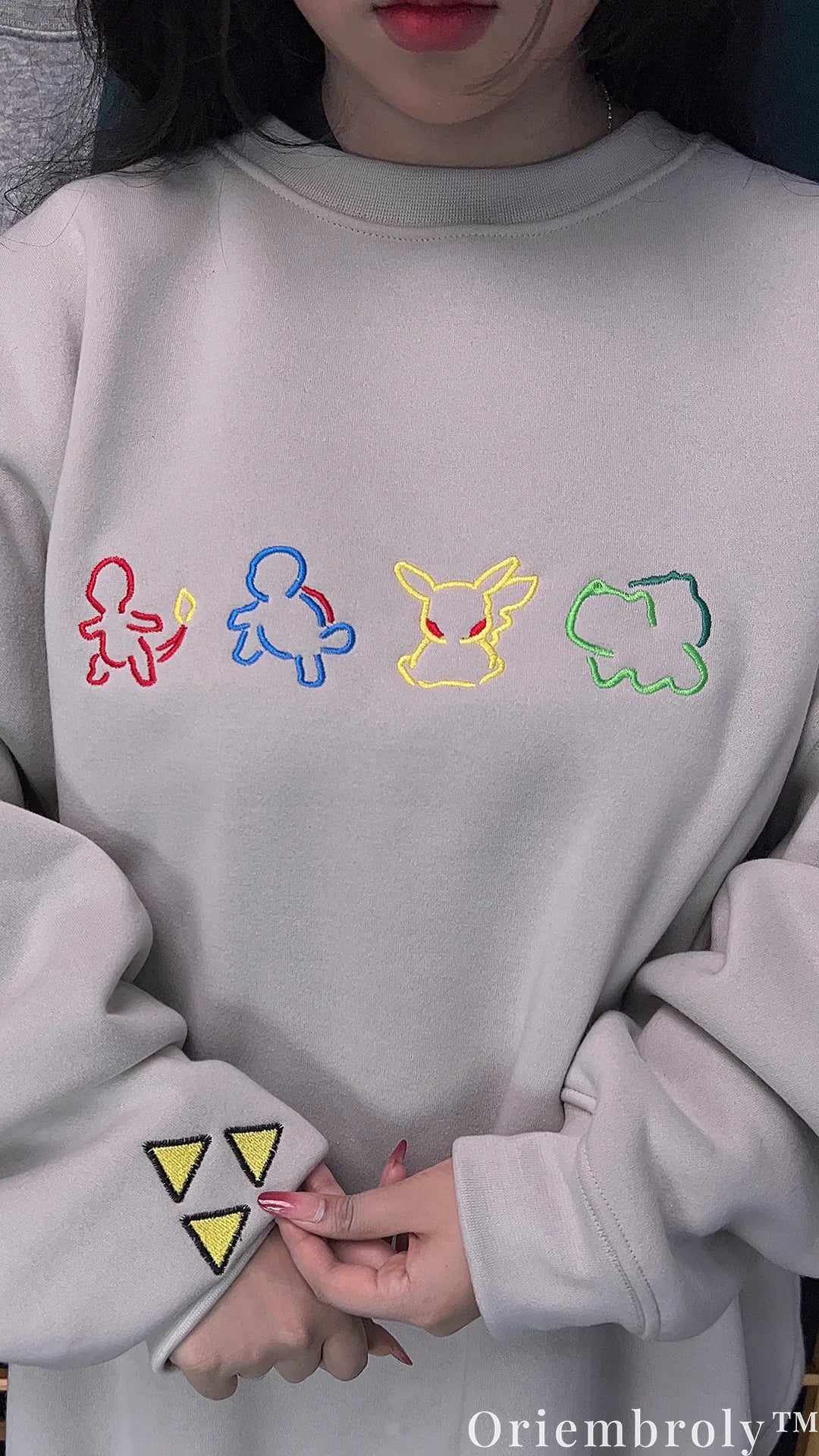 Minimalist Pokemon Kanto Starters Embroidered Sweatshirt – Pikachu Anime Cream Crewneck