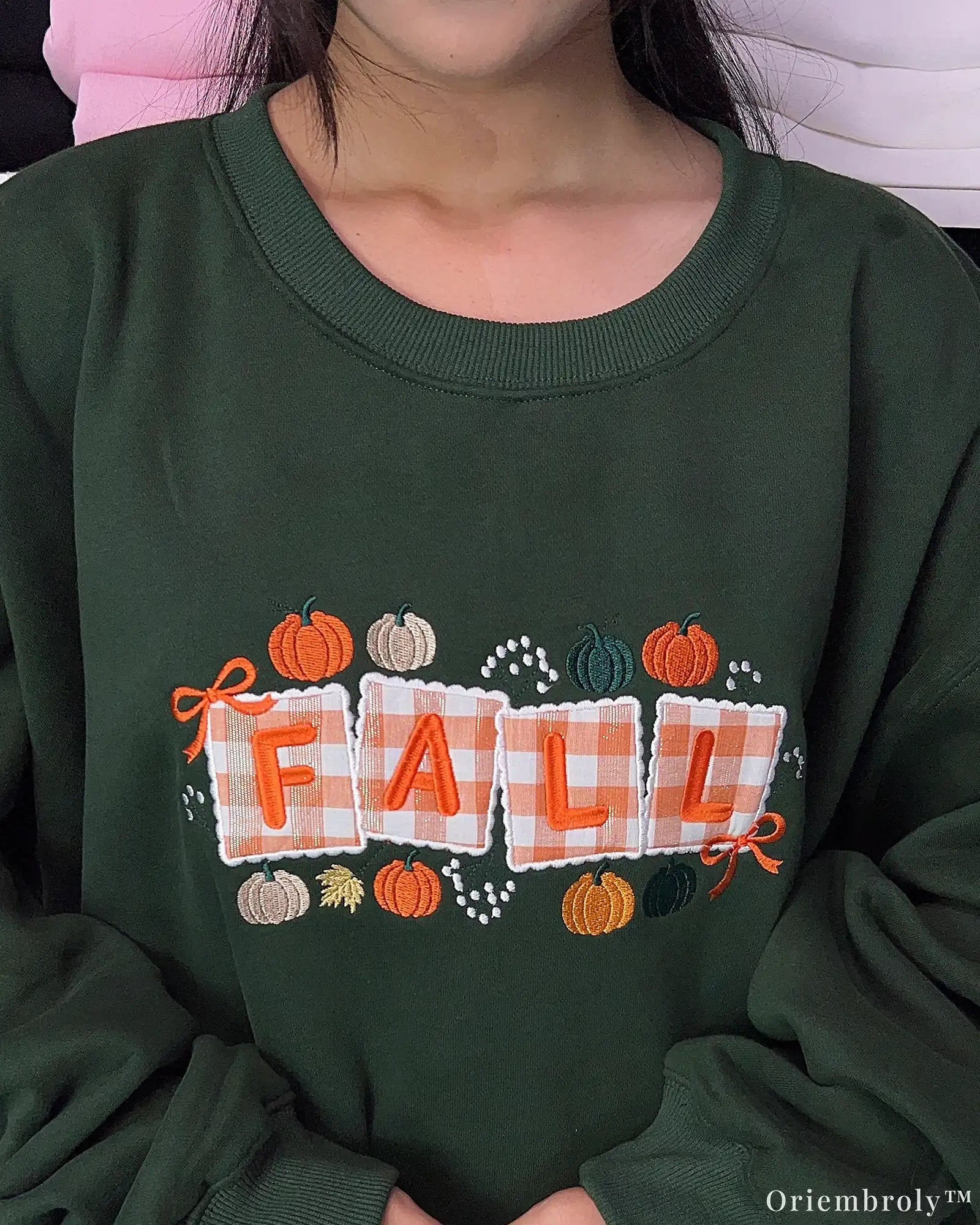 Fall Pumpkin Gingham Embroidered Crewneck Sweatshirt, Cozy Autumn Appliqué Design