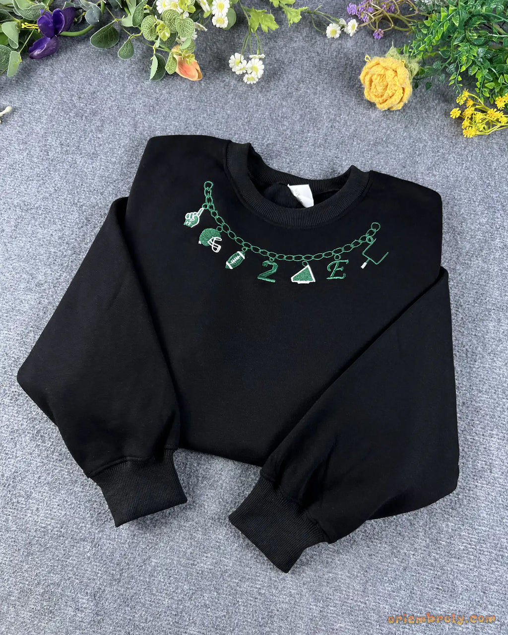 Sports Charm Necklace Draped Embroidered Solid Black Crewneck Sweatshirt